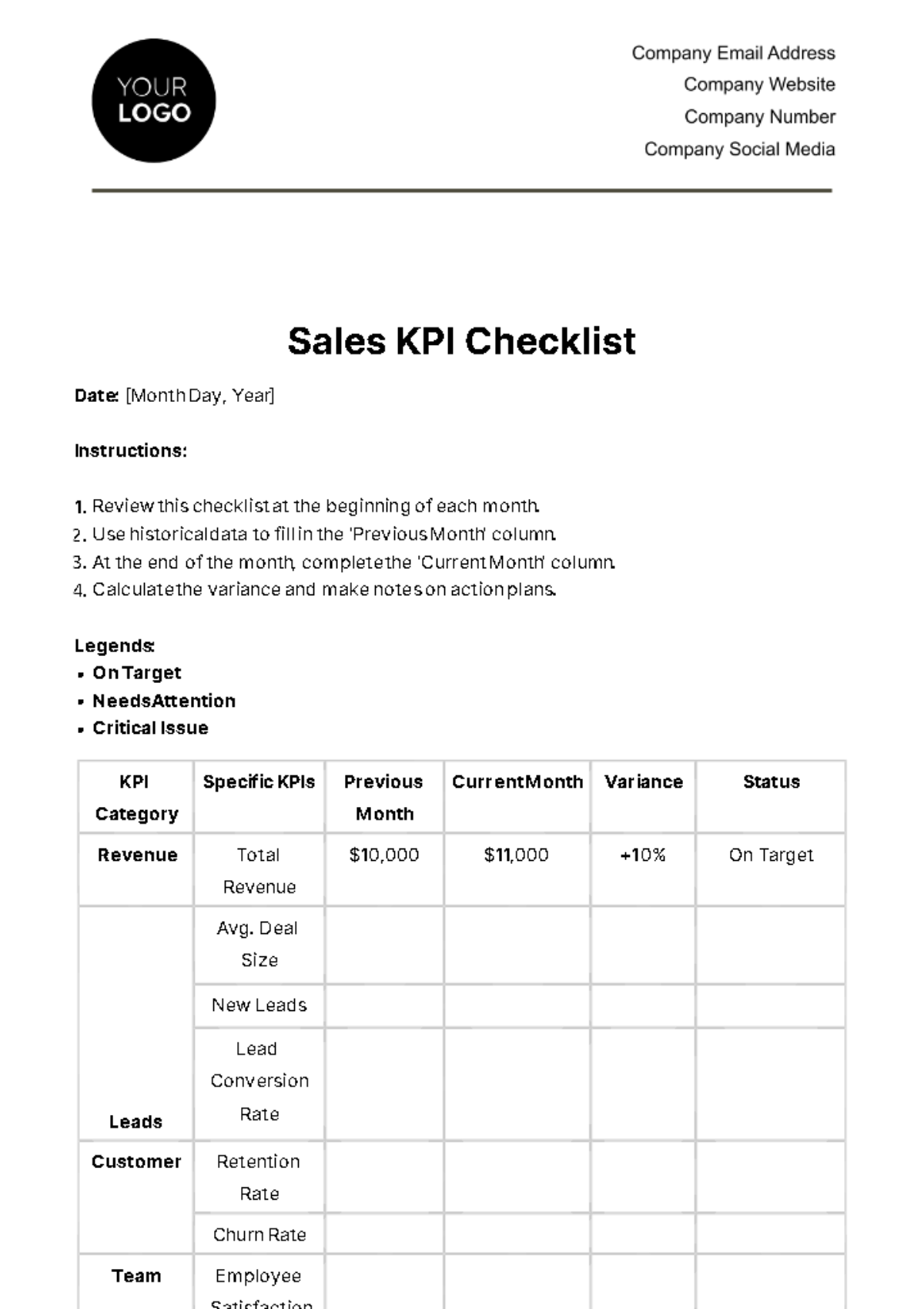 Sales KPI Checklist Template