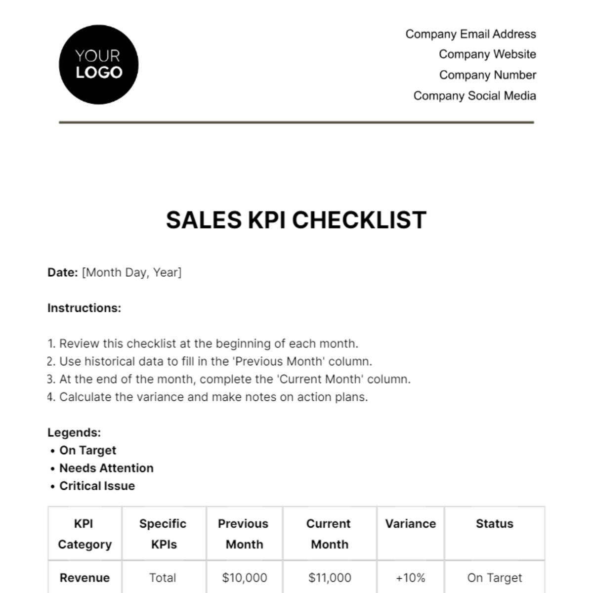 Sales KPI Checklist Template - Edit Online & Download