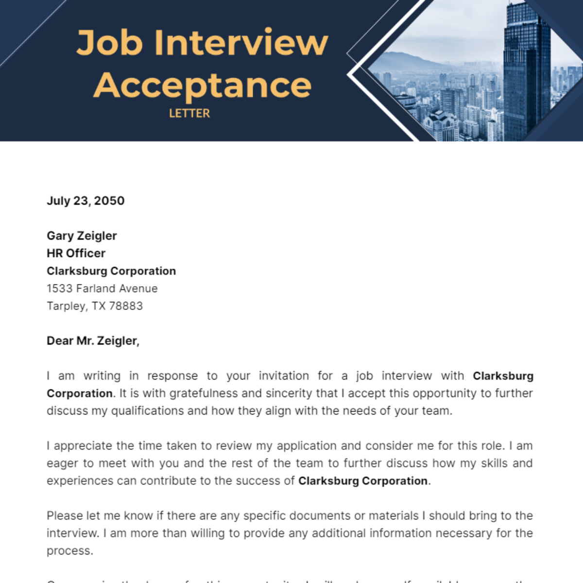 Job Interview Acceptance Letter Template - Edit Online & Download