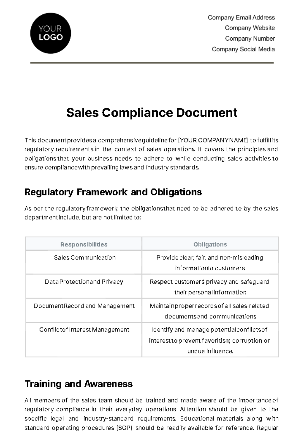 Sales Compliance Document Template