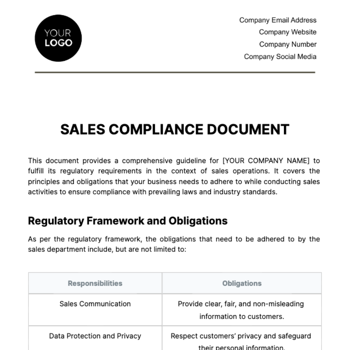 Sales Compliance Document Template - Edit Online & Download