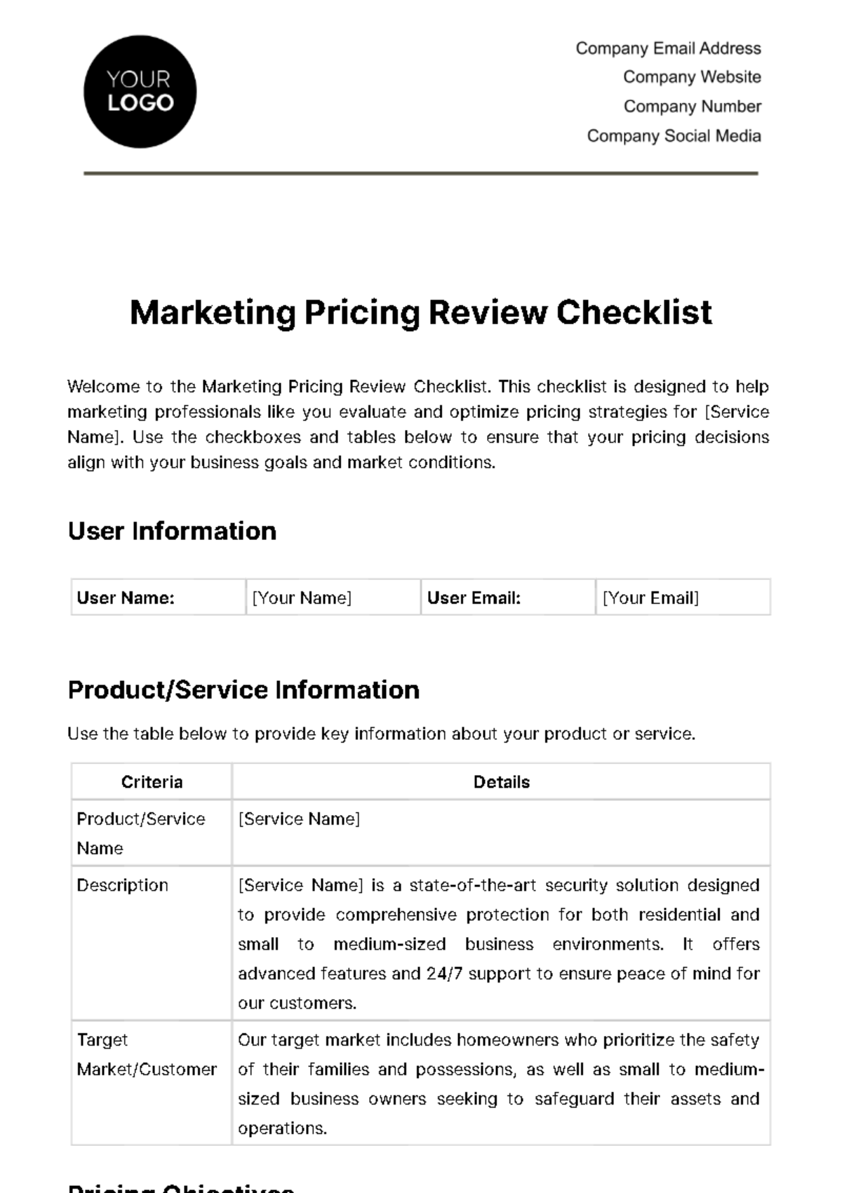 Free Marketing Pricing Review Checklist Template