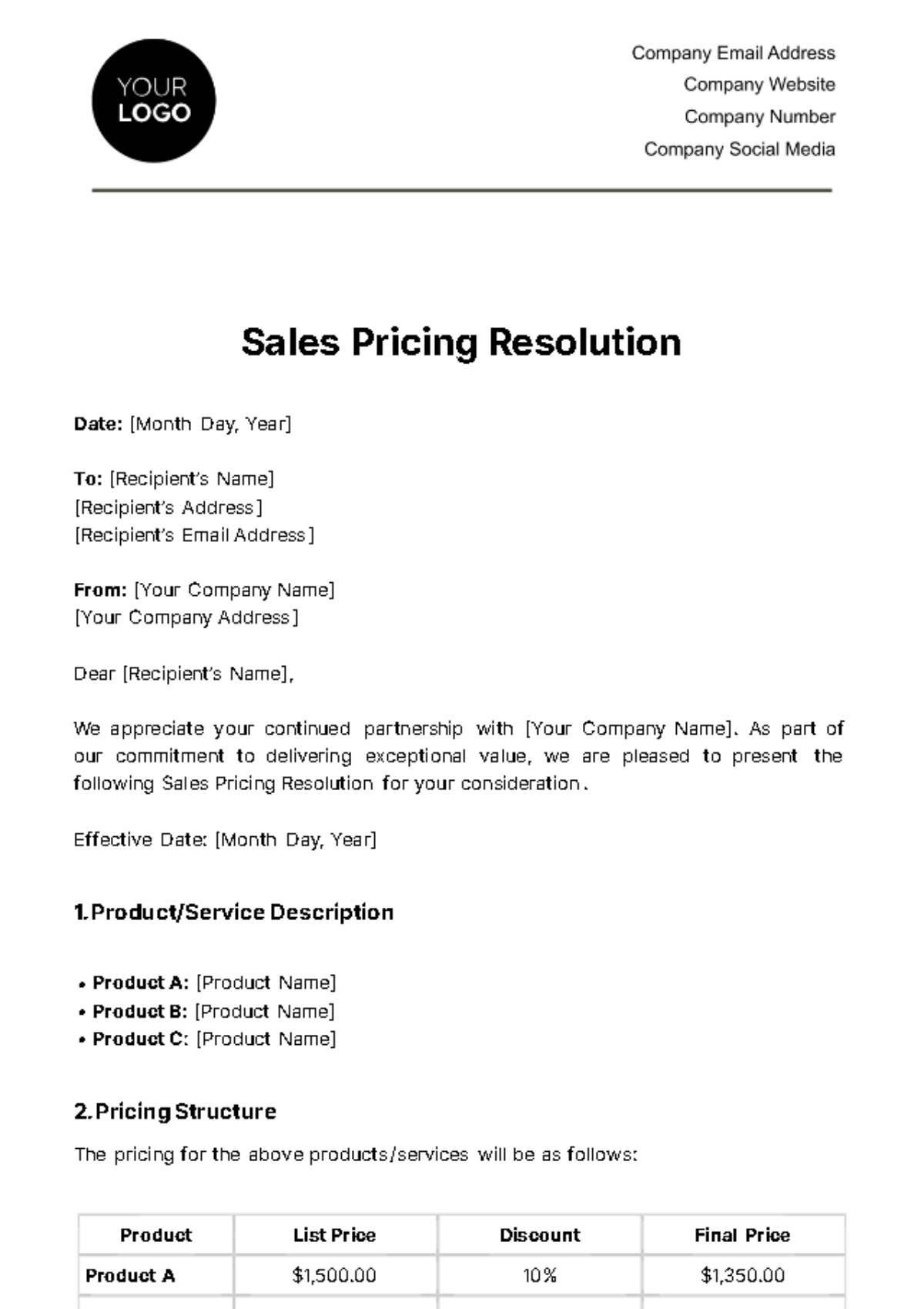 Sales Pricing Resolution Template