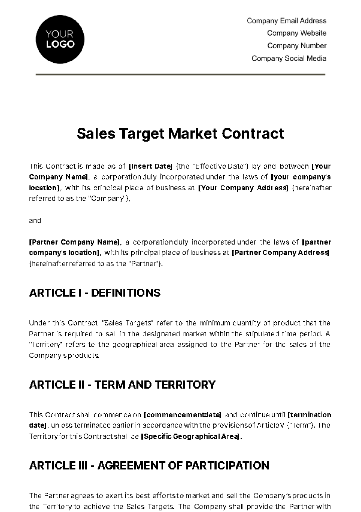 Sales Target Market Contract Template
