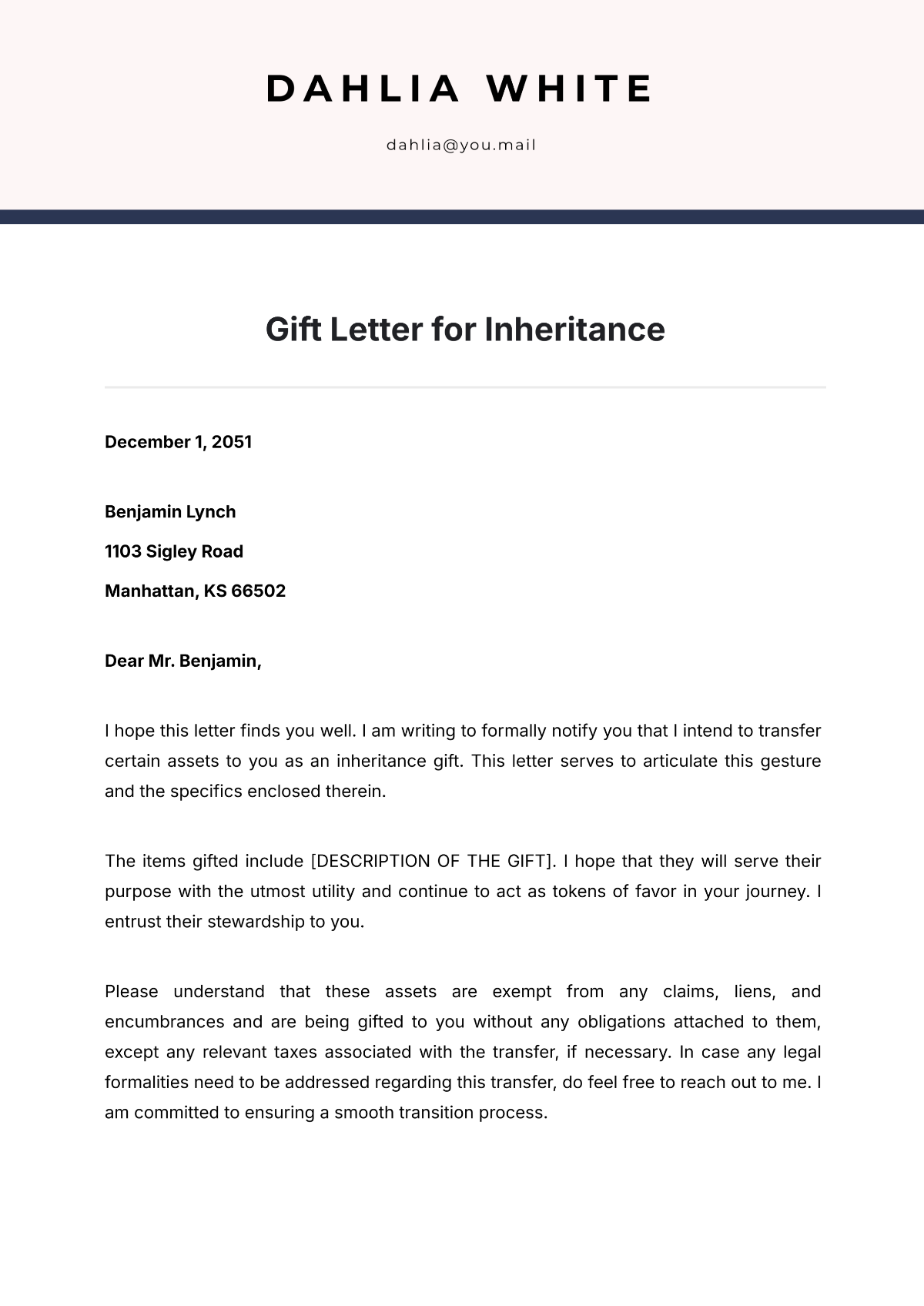 Gift Letter for Inheritance Template