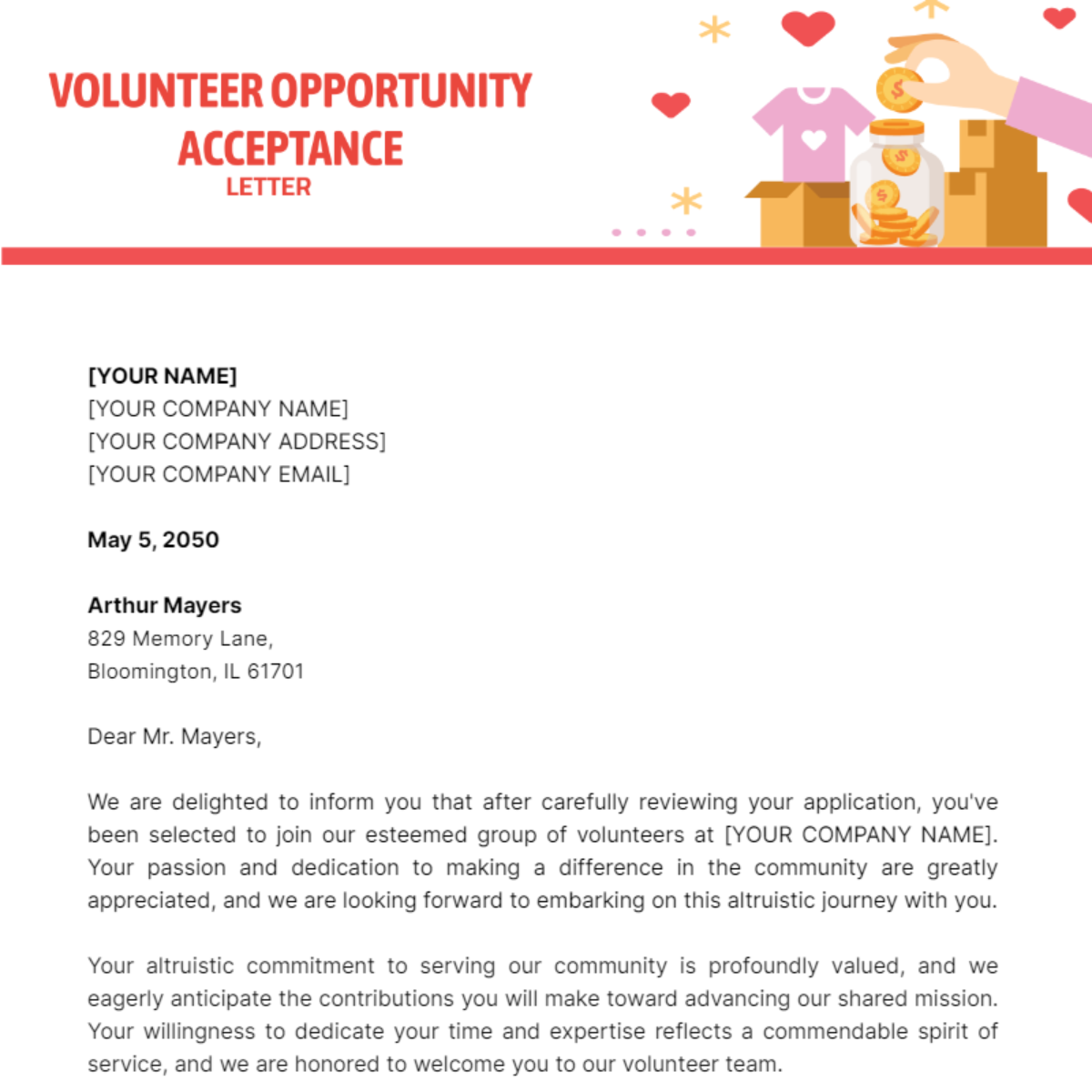 Volunteer Opportunity Acceptance Letter Template - Edit Online & Download