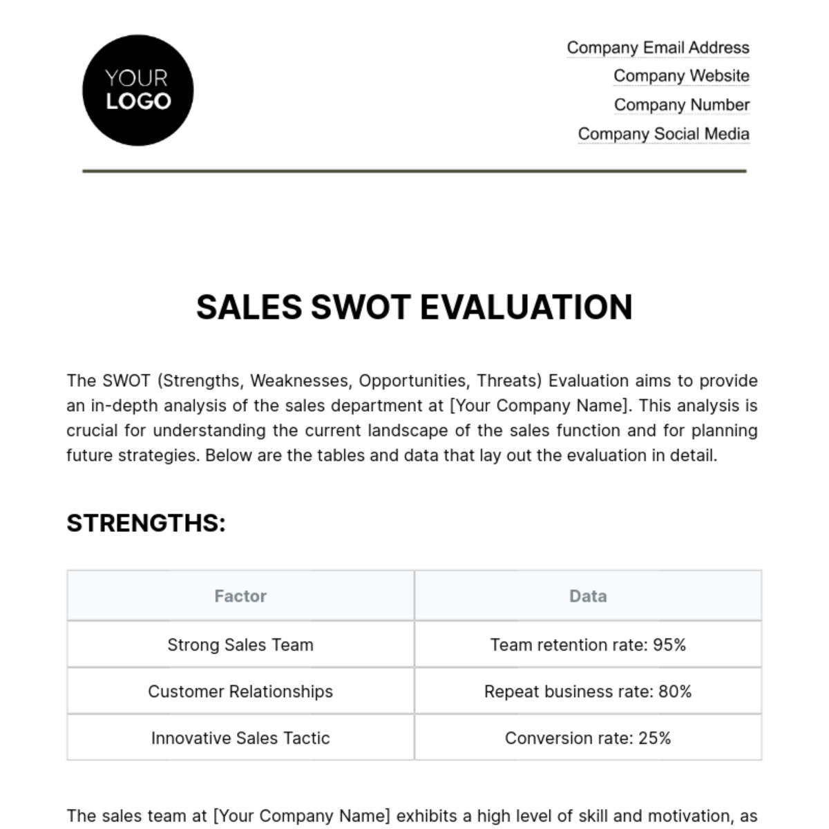 Sales SWOT Evaluation Template - Edit Online & Download