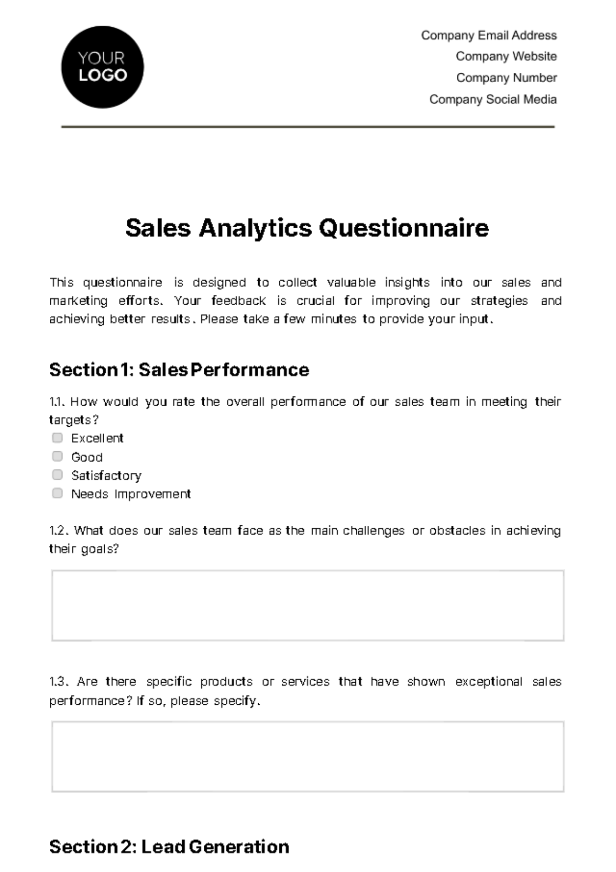 Sales Analytics Questionnaire Template