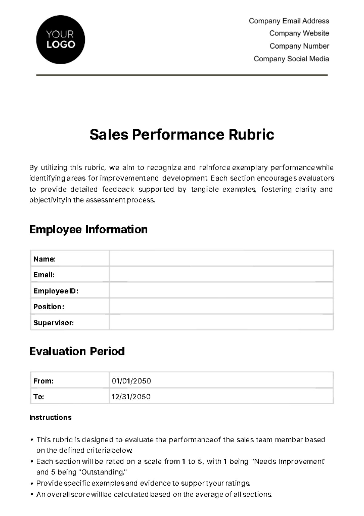 Sales Performance Rubric Template