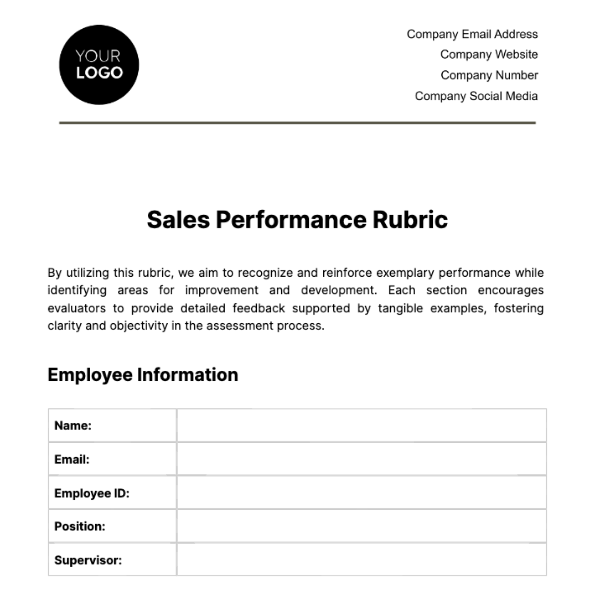 Sales Performance Rubric Template - Edit Online & Download