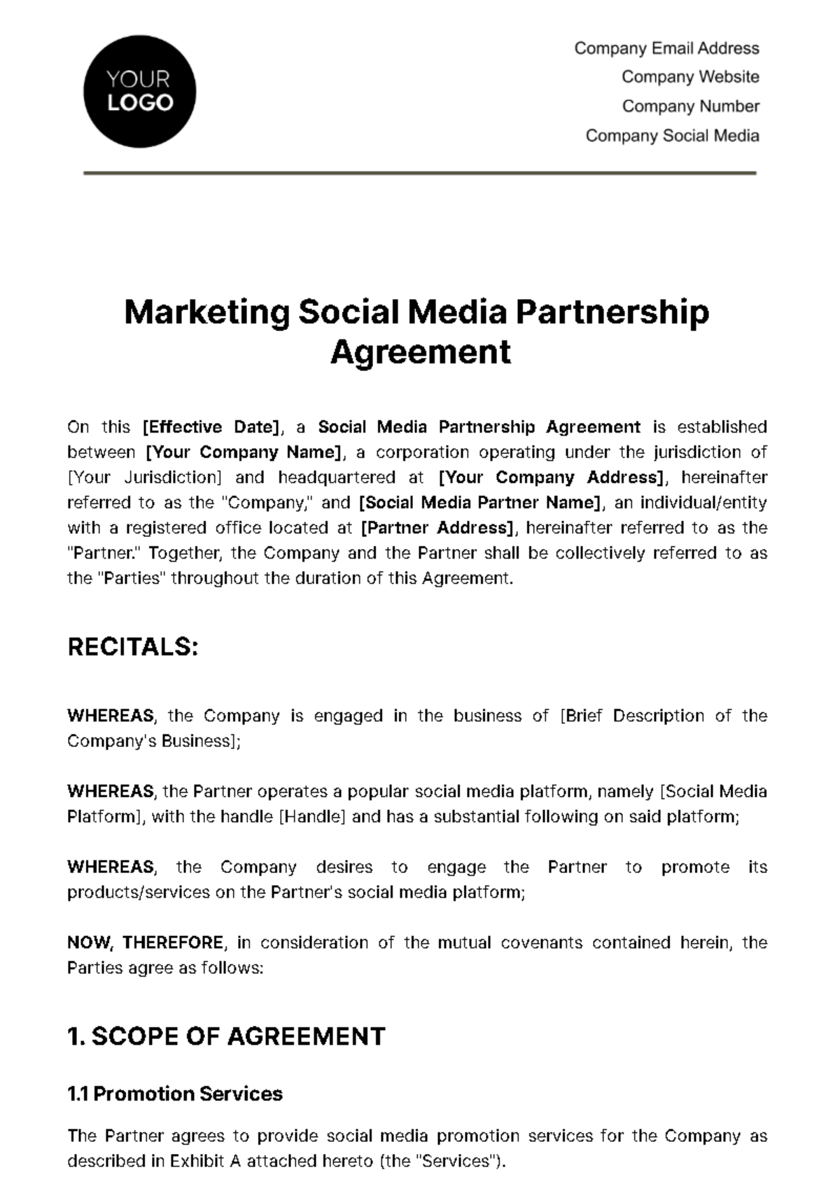 Free Marketing Social Media Partnership Agreement Template
