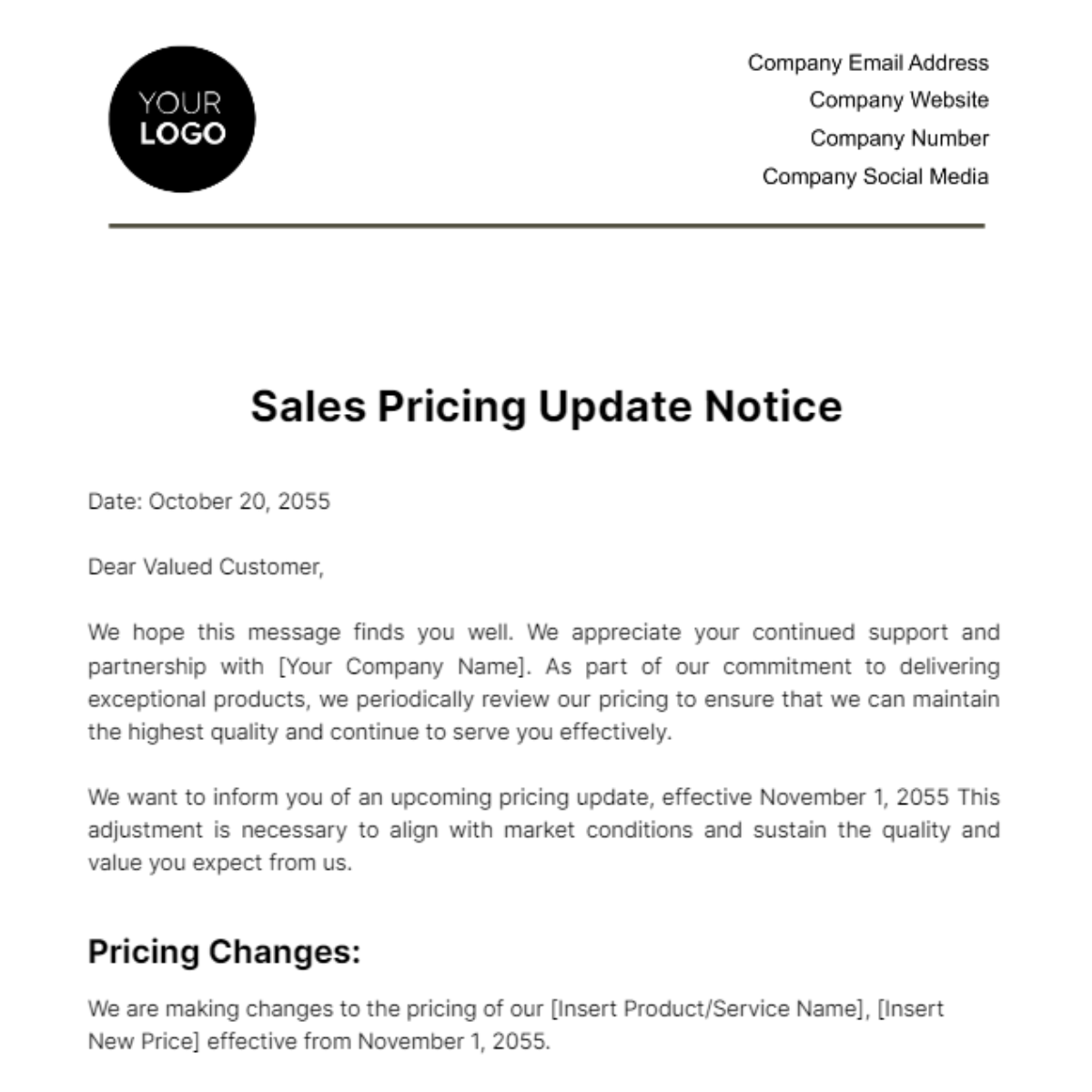 Sales Pricing Update Notice Template - Edit Online & Download