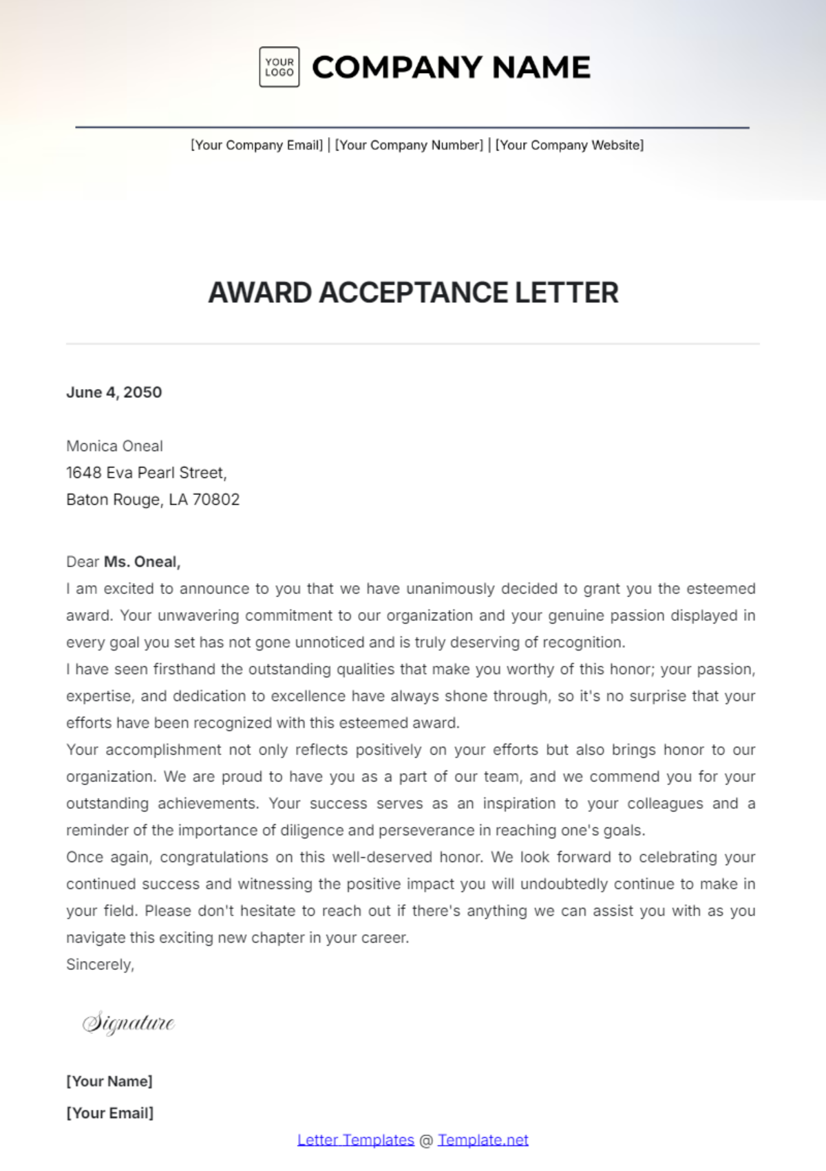 Award Acceptance Letter Template - Edit Online & Download