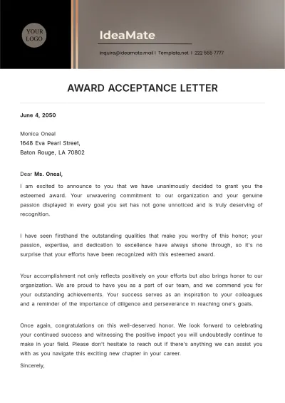 Free Award Acceptance Letter Template to Edit Online