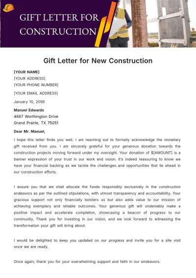 Free Gift Letter for New Construction Template to Edit Online