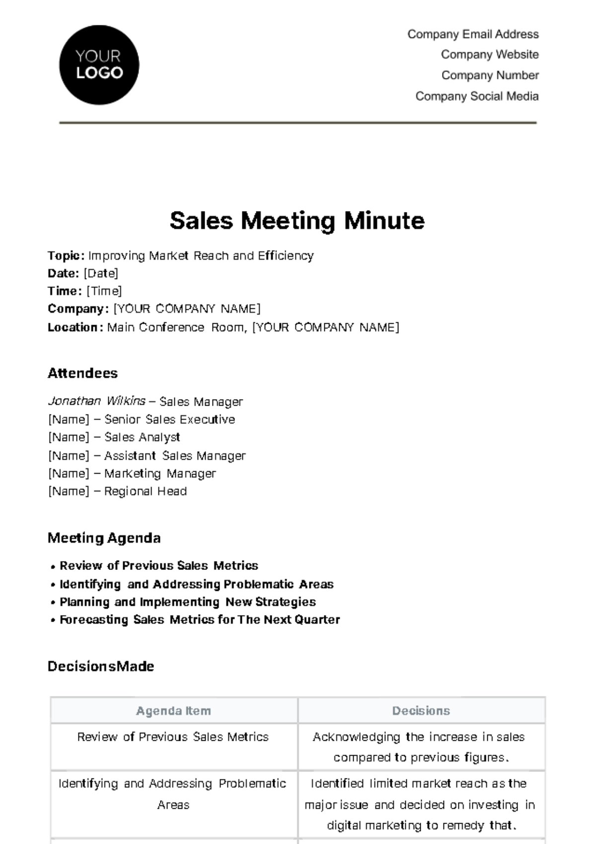 Sales Meeting Minute Template