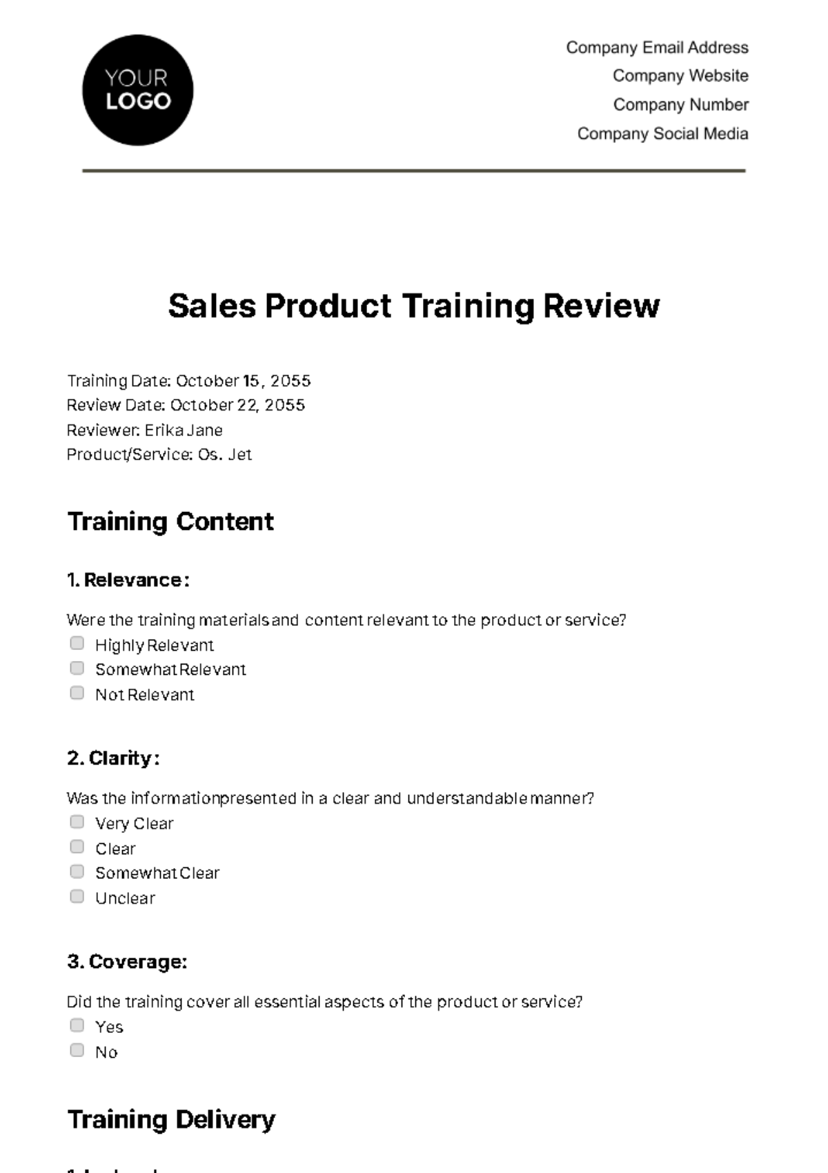 Sales Product Training Review Template
