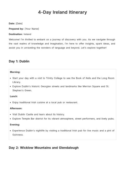 Free 4 Day Ireland Itinerary Template to Edit Online