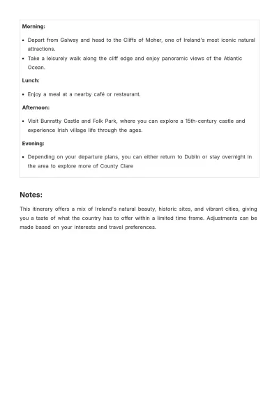 Free 4 Day Ireland Itinerary Template to Edit Online
