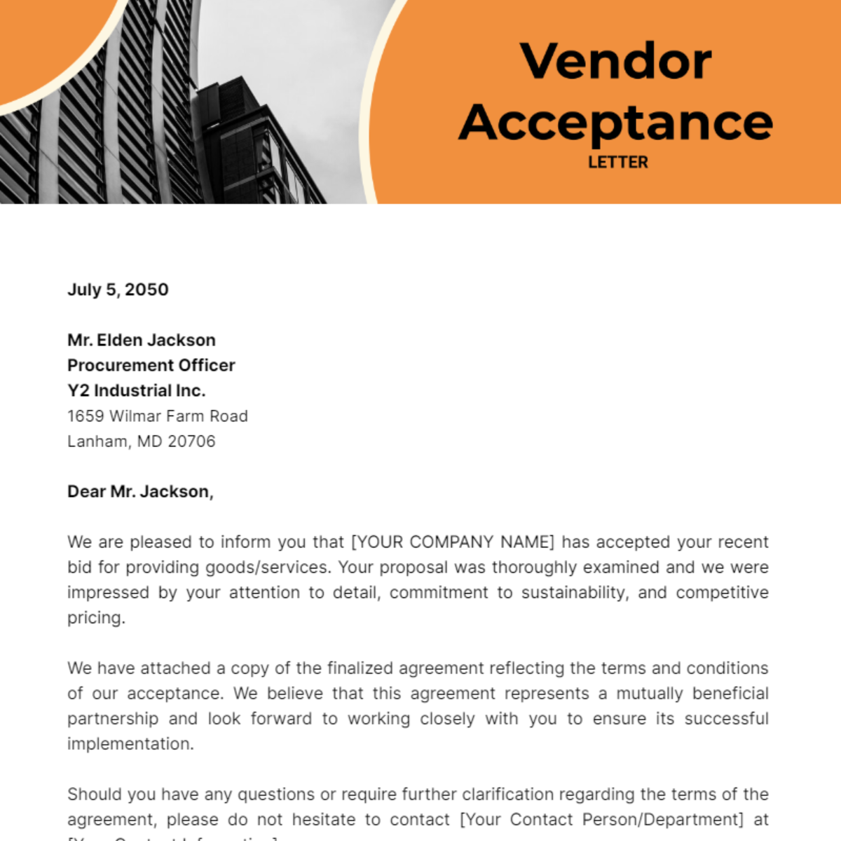 Vendor Acceptance Letter Template - Edit Online & Download Example