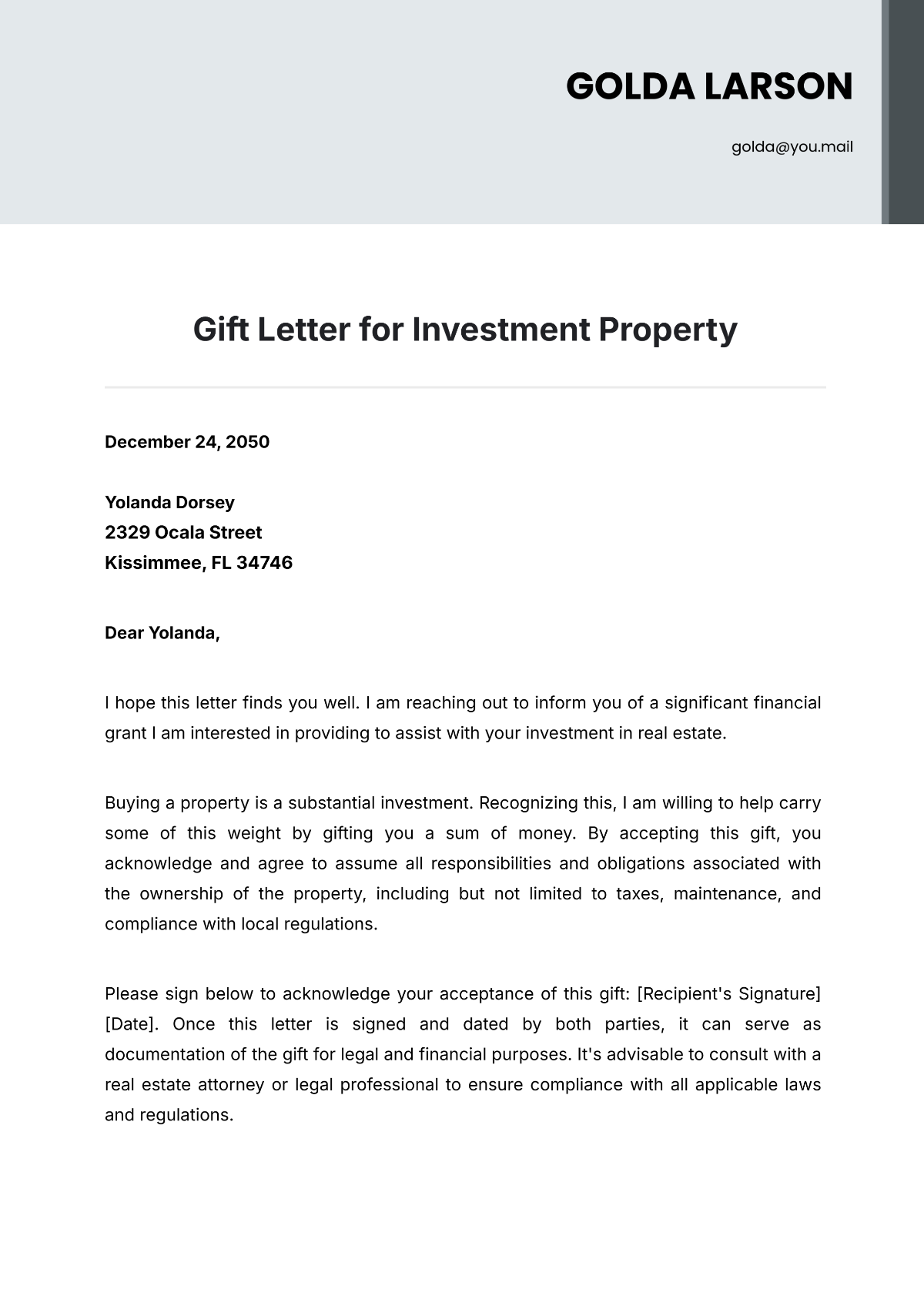 Gift Letter for Investment Property Template