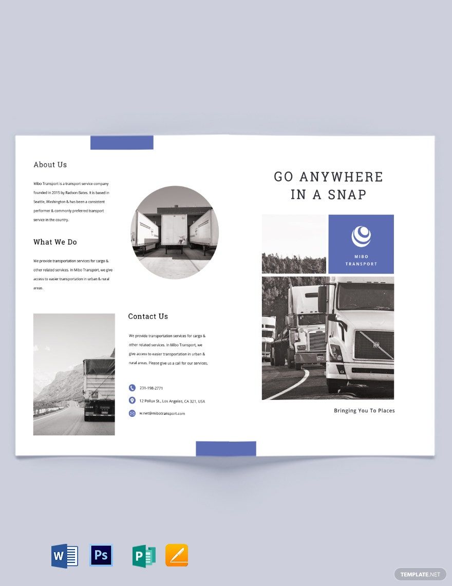Transportation Bi-Fold Brochure Template in Word, Google Docs, PSD, Apple Pages, Publisher