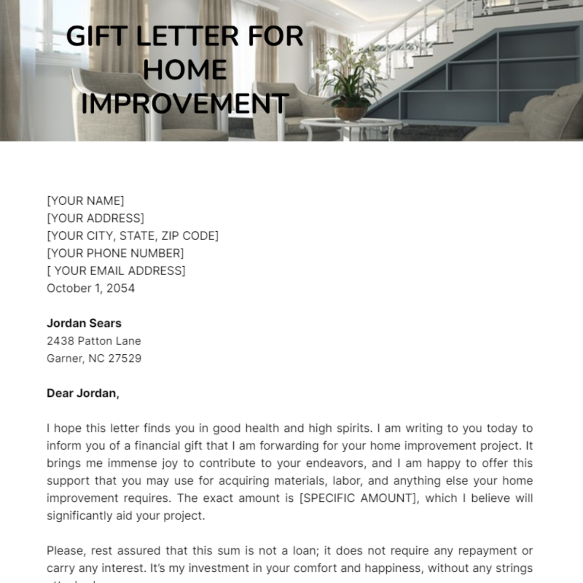 Gift Letter for Home Improvement Template - Edit Online & Download