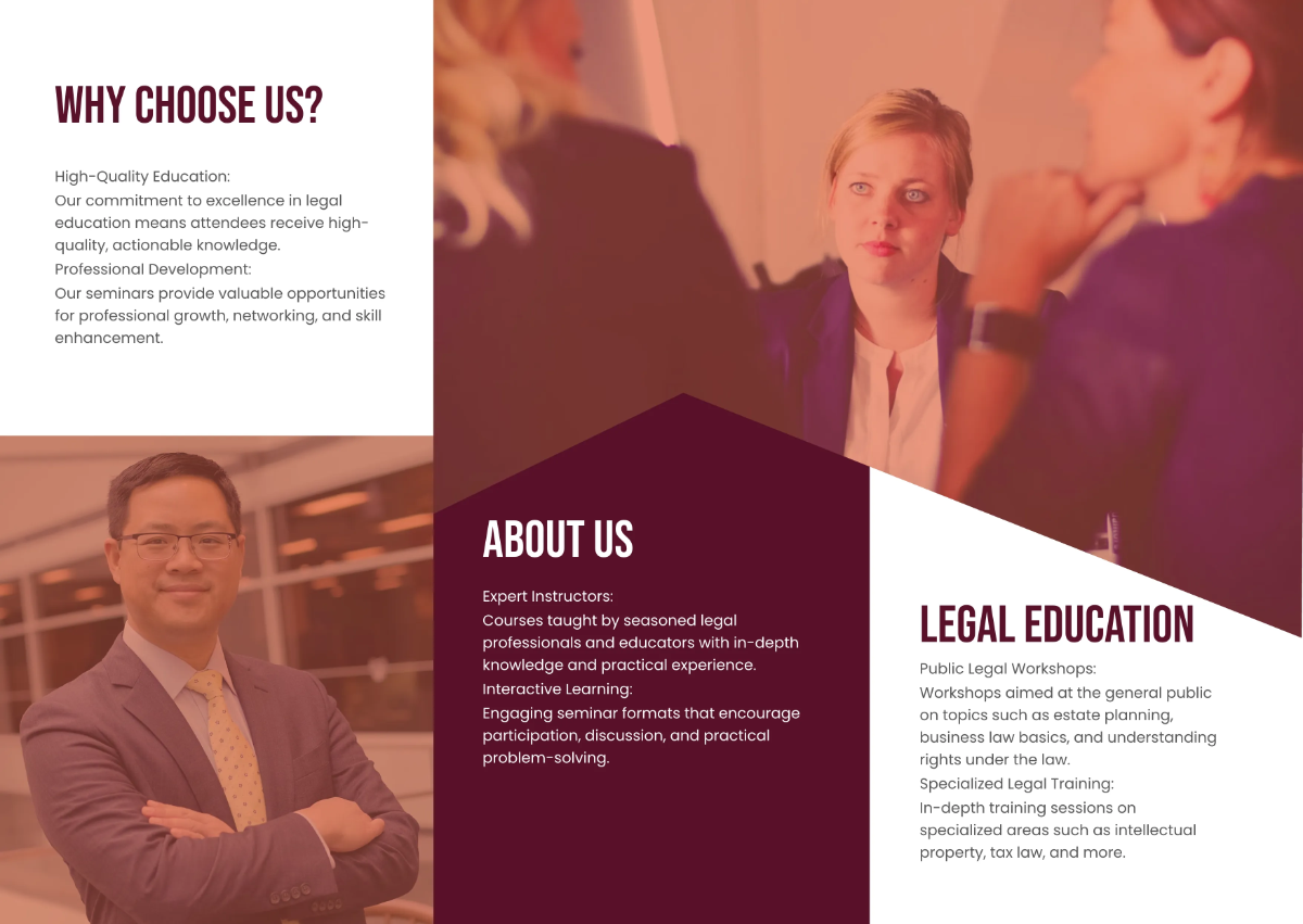 Free Legal Education and Seminars Pamphlet Template to Edit Online