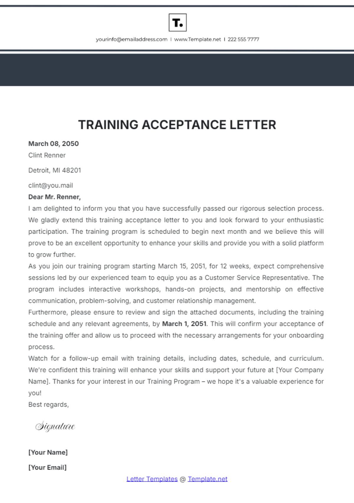 Training Acceptance Letter Template