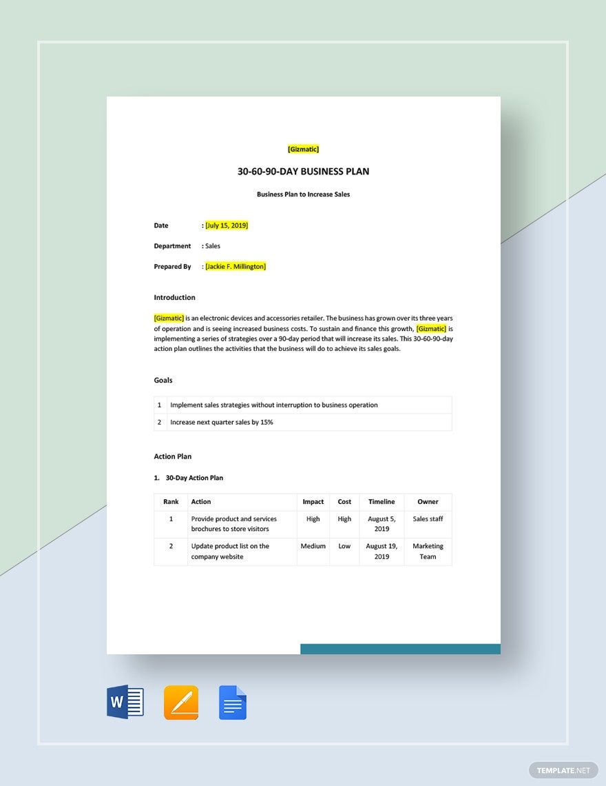Sample 30-60-90-Day Business Plan Template