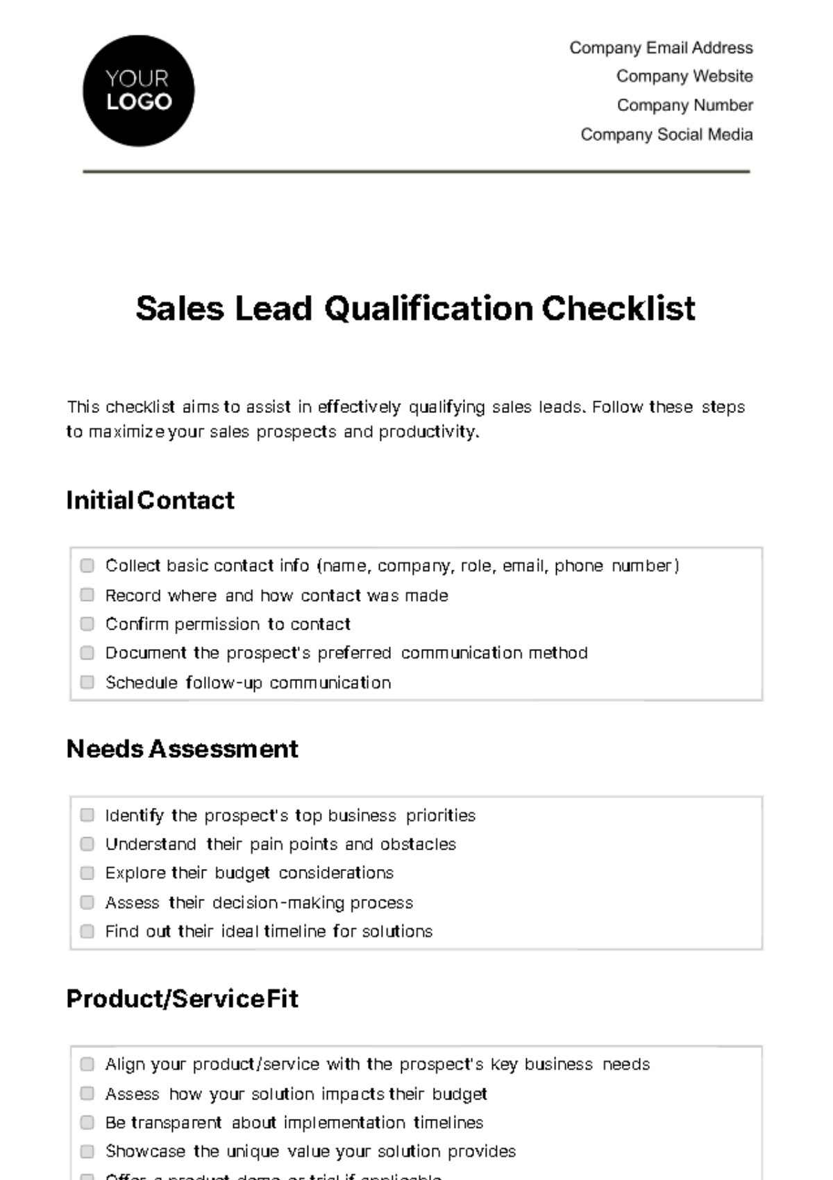 Sales Lead Qualification Checklist Template