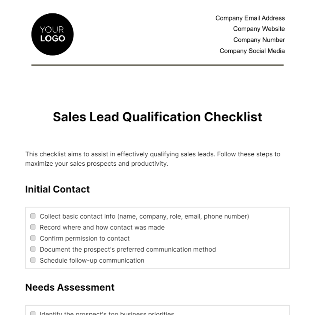 Sales Lead Qualification Checklist Template - Edit Online & Download