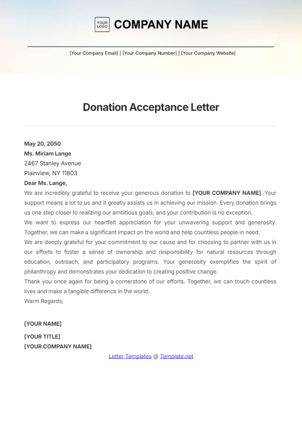 Donation Acceptance Letter Template - Edit Online & Download