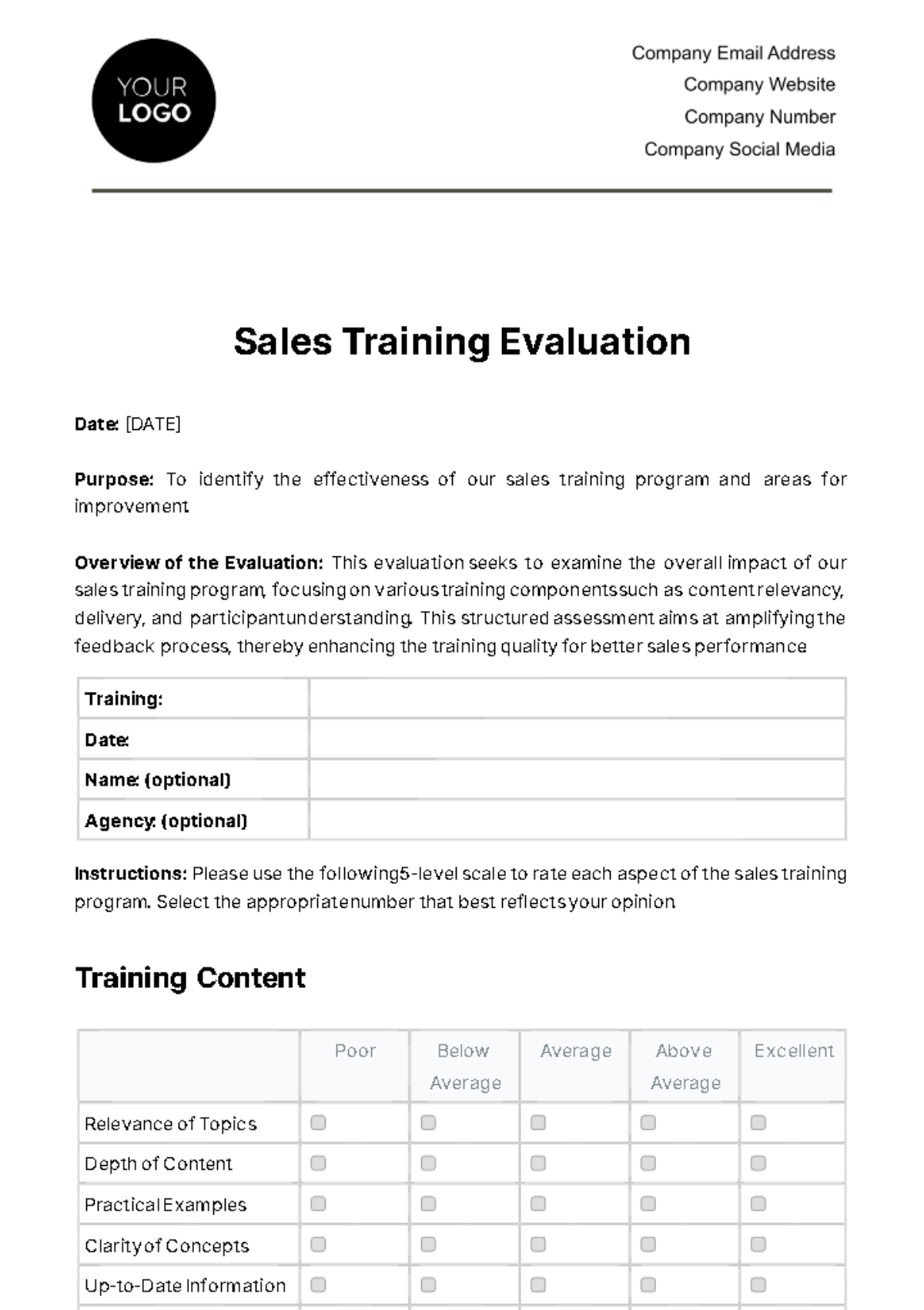 Sales Training Evaluation Template