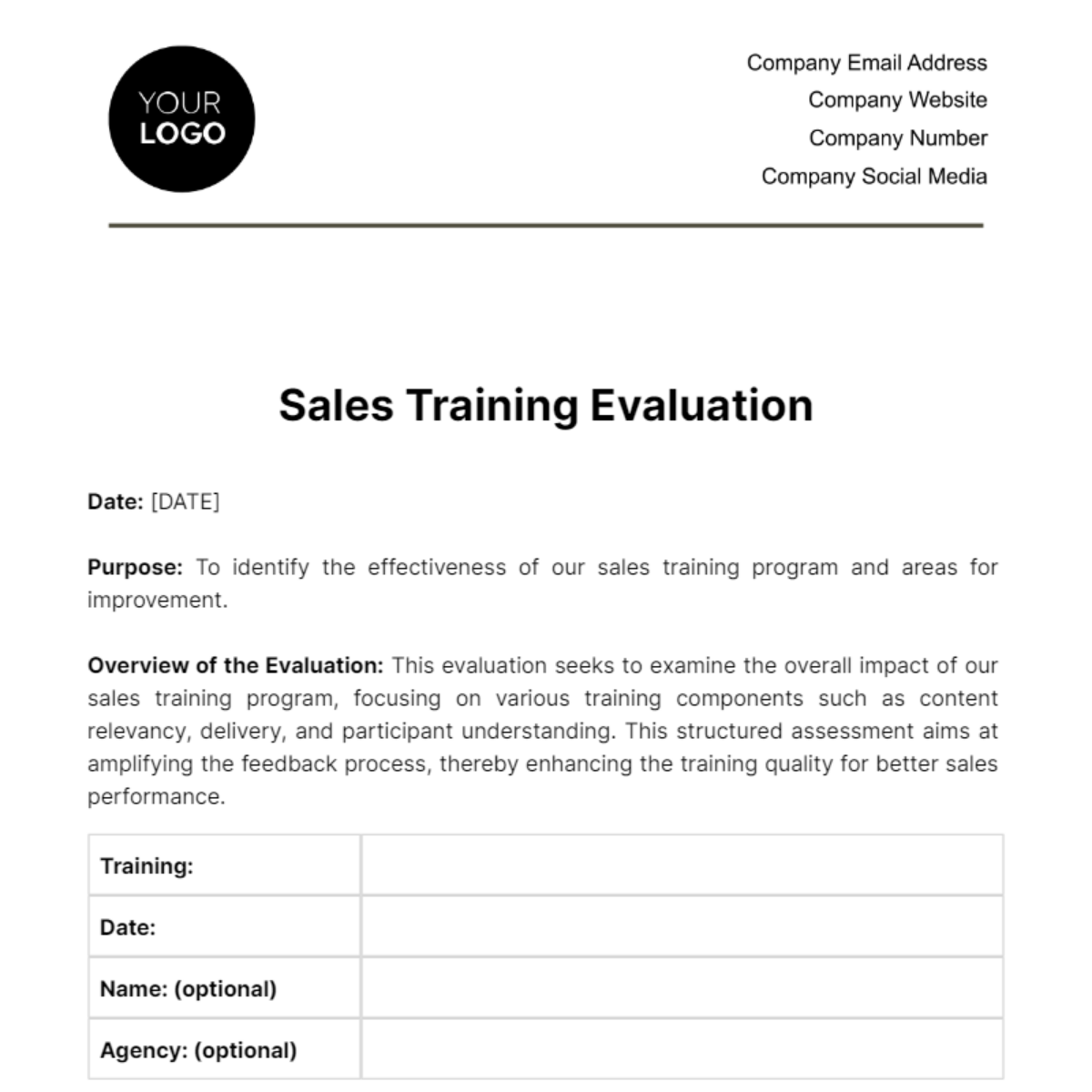 Sales Training Evaluation Template - Edit Online & Download