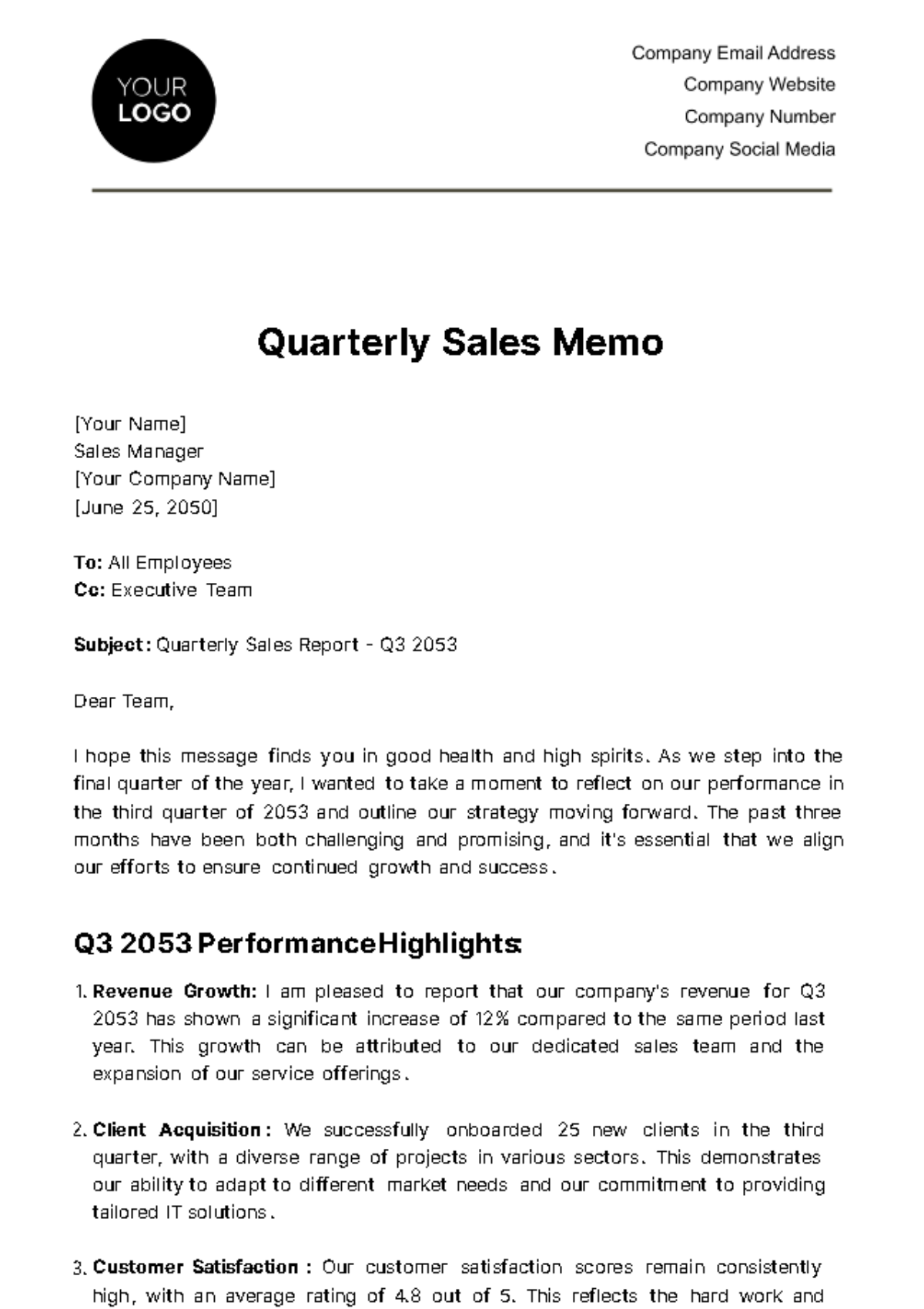Quarterly Sales Memo Template