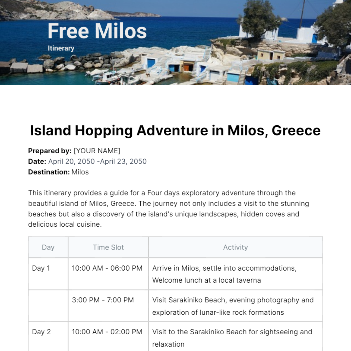 Milos Itinerary Template