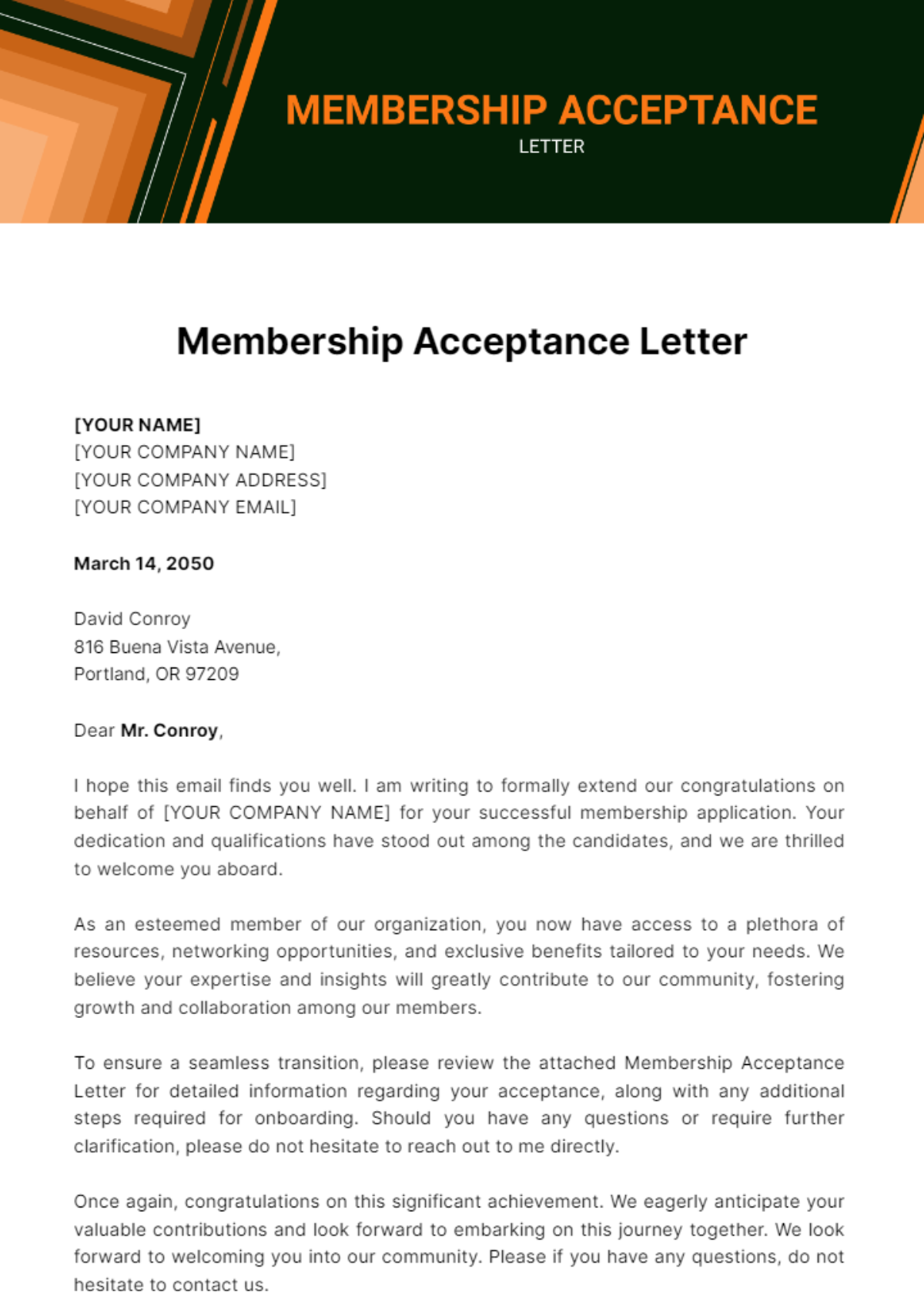 Membership Acceptance Letter Template - Edit Online & Download Example 