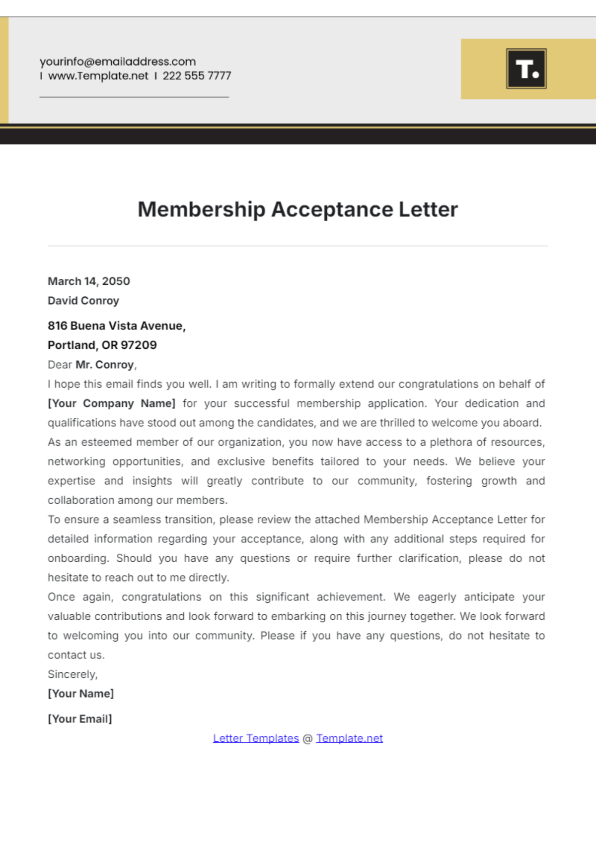 Membership Acceptance Letter Template - Edit Online & Download