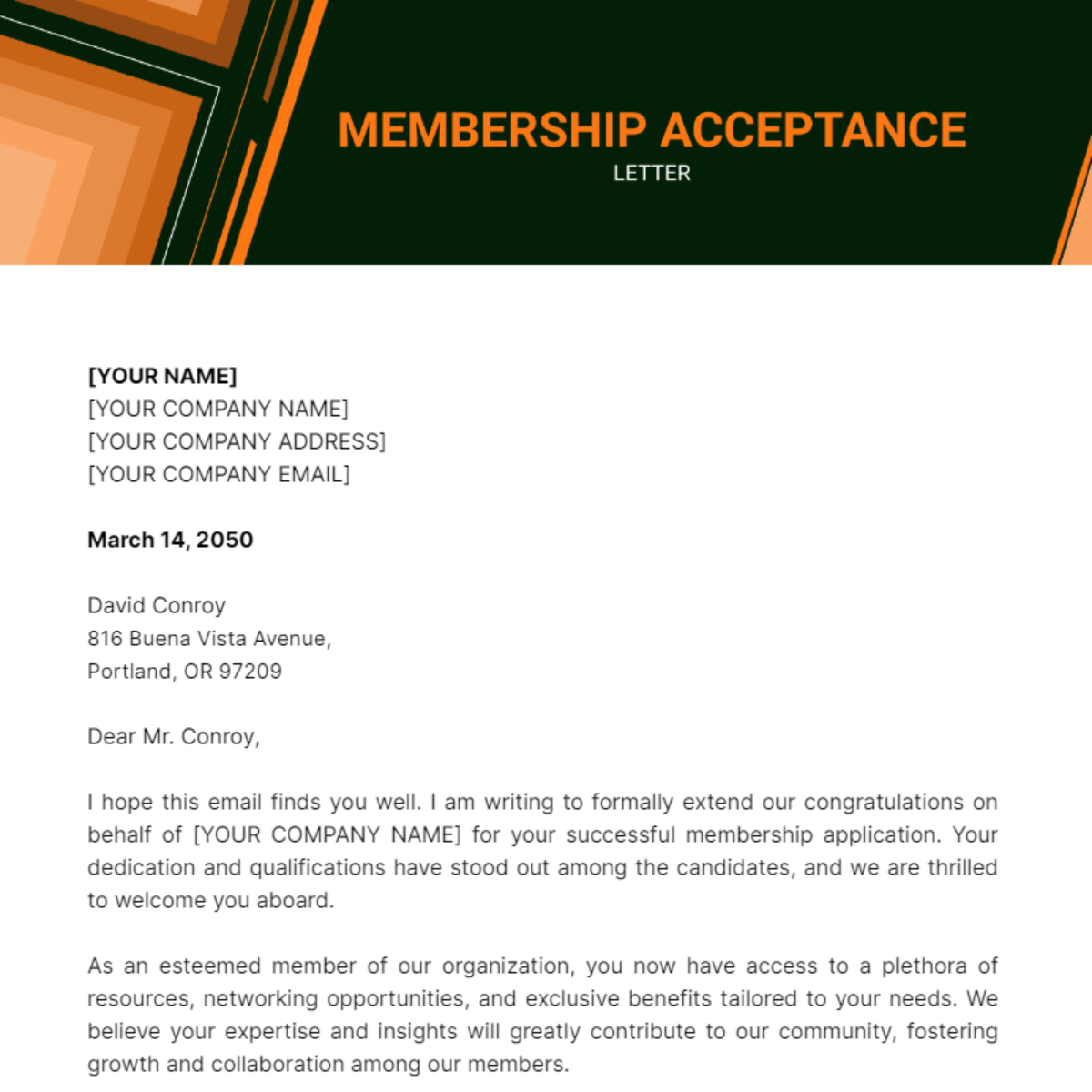 Membership Acceptance Letter Template - Edit Online & Download