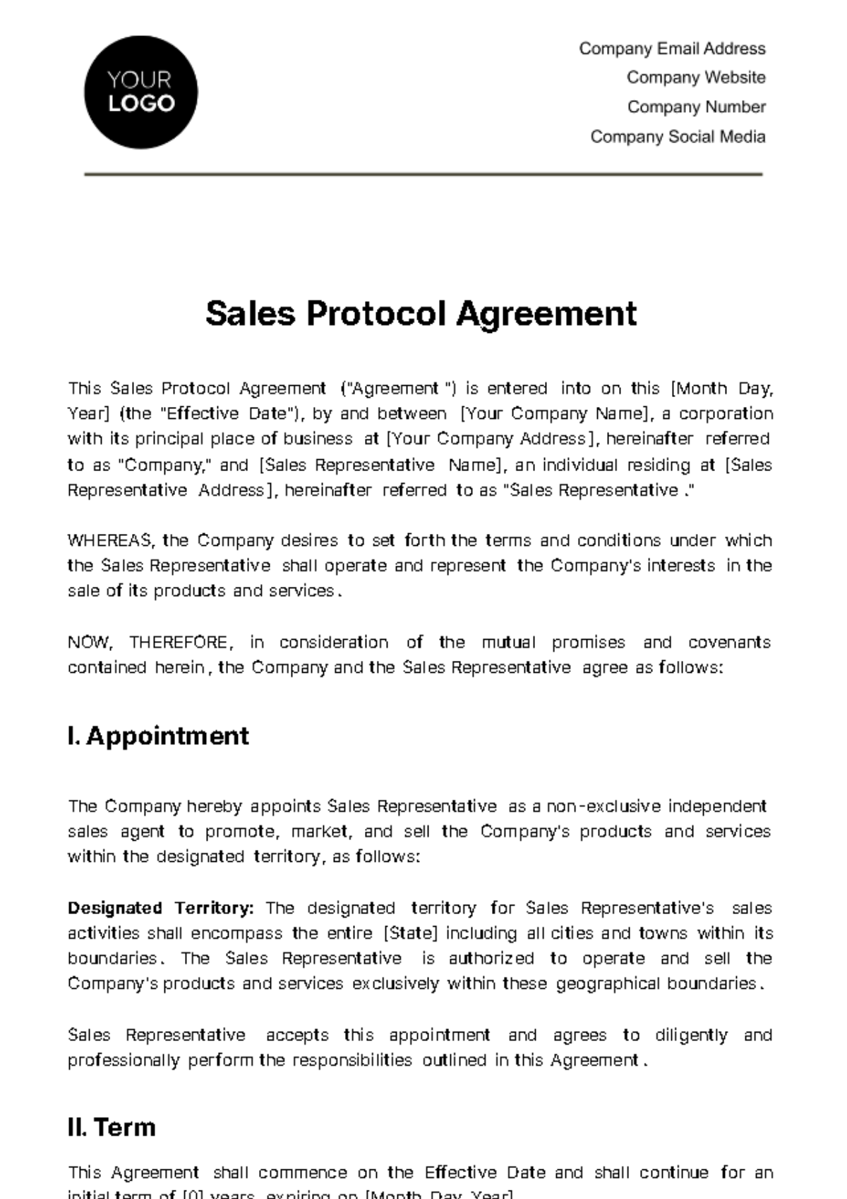 Free Sales Protocol Agreement Template