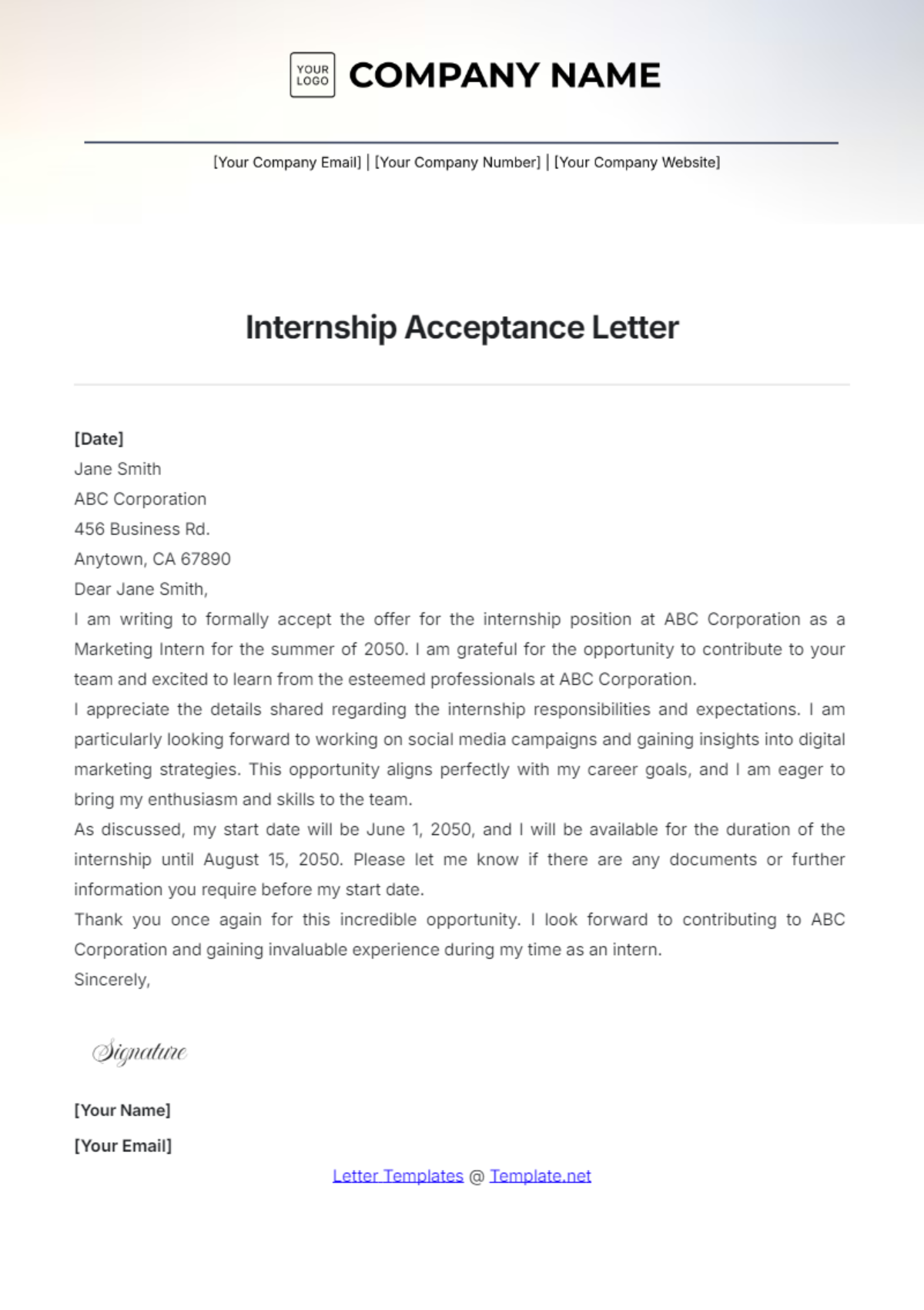 Internship Acceptance Letter Template - Edit Online & Download