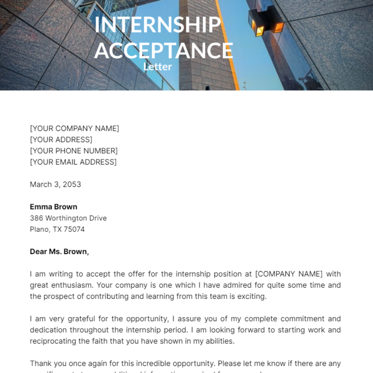 Internship Acceptance Letter Template - Edit Online & Download