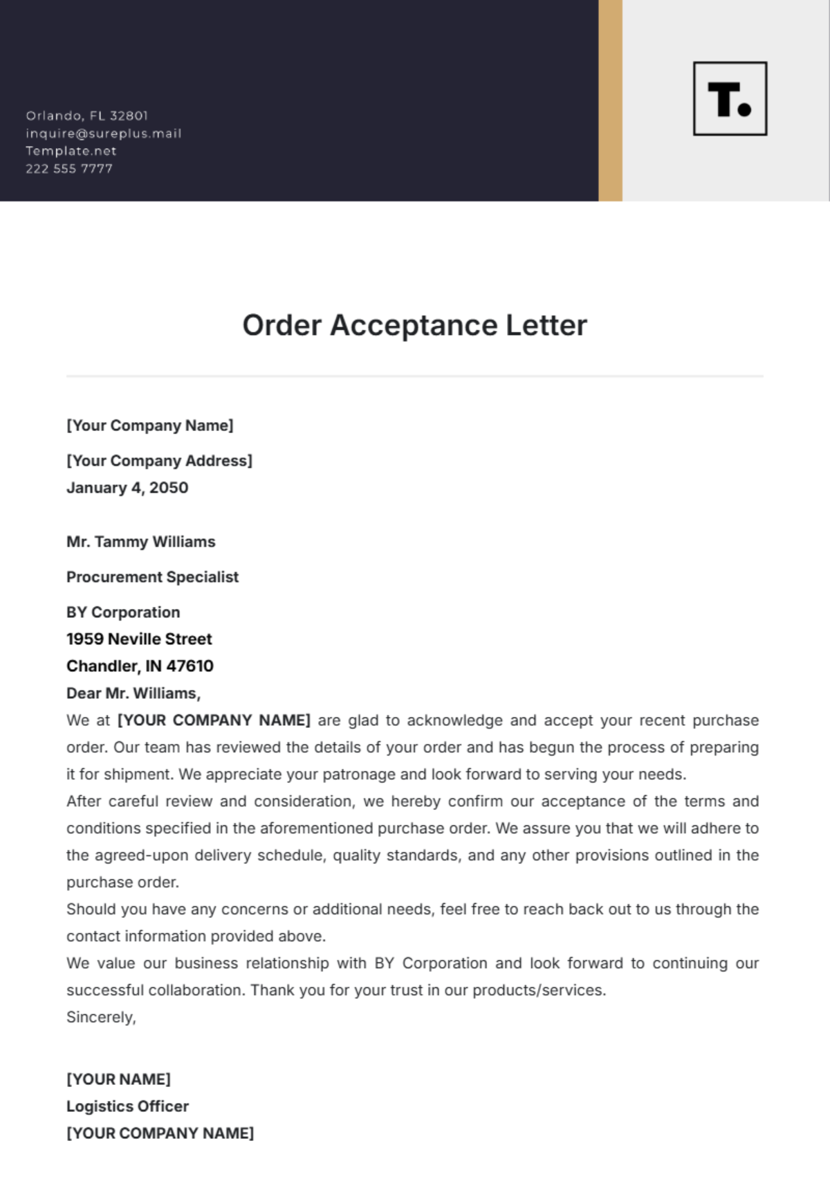 Order Acceptance Letter Template - Edit Online & Download