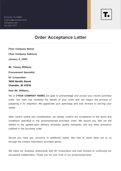 Free Order Acceptance Letter Template to Edit Online