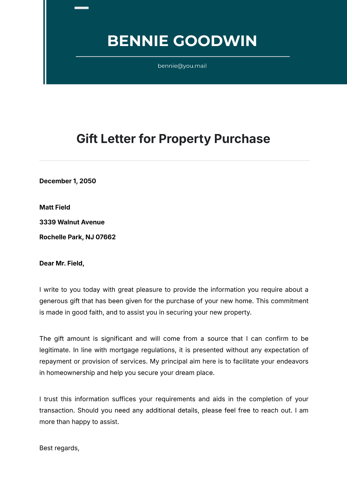 Gift Letter for Property Purchase Template - Edit Online & Download