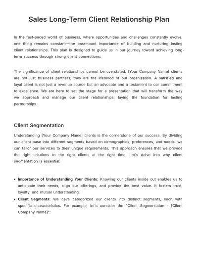 Free ;;Sales Long-term Client Relationship Plan Template to Edit Online