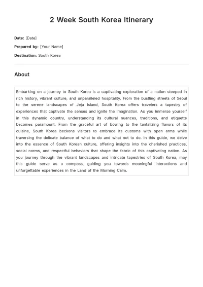 Free 2 Week South Korea Itinerary Template to Edit Online