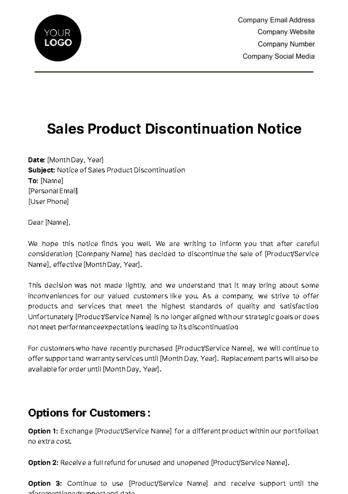 Sales Product Discontinuation Notice Template