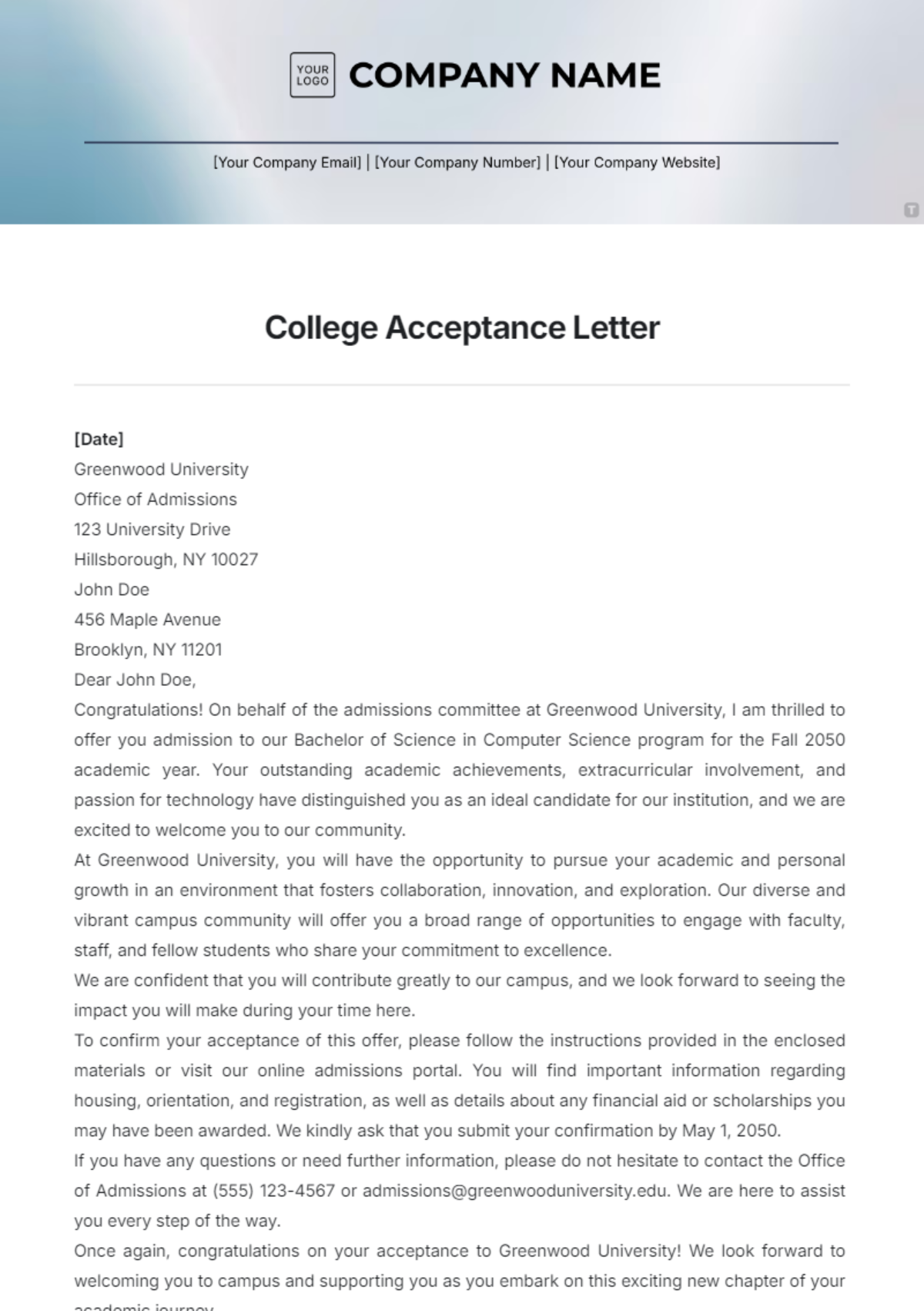 College Acceptance Letter Template - Edit Online & Download